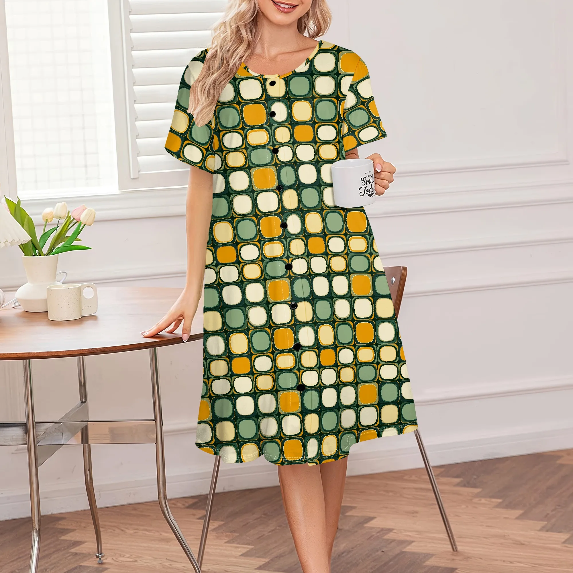 

House Dress Geometric Print Button Front S-3XL Casual