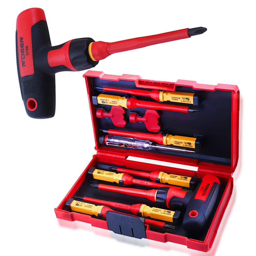 JUNEFOR 12 In 1 Insulated Screwdriver Set T-shaped Handle Magnetic Screwdriver Bits Kit Hand Tools Wrench 1000V Electrician Tool