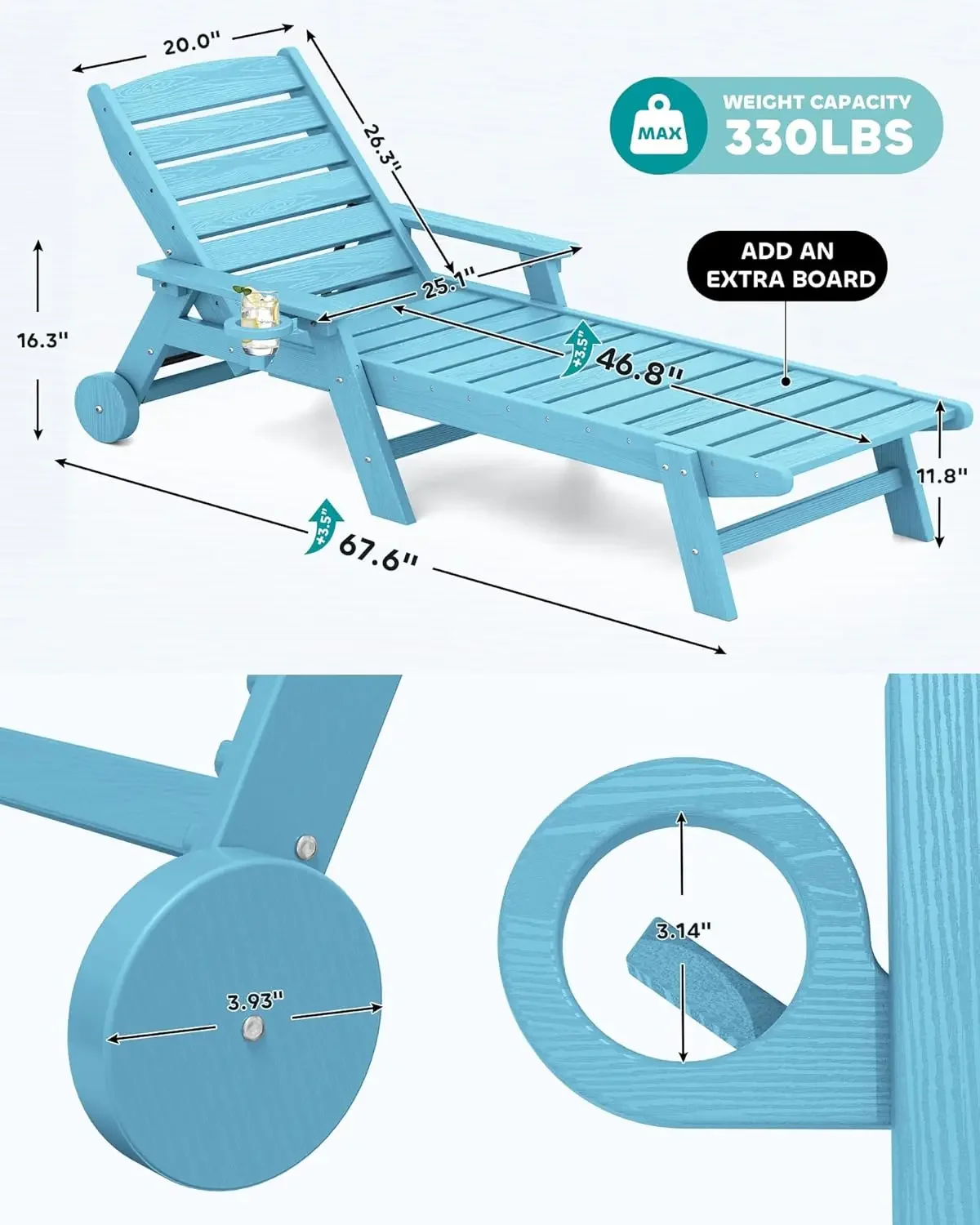 SERWALL. Chaise longue réglable XR, chaise longue d'extérieur pour piscine, HDPE, ensemble de 2, 5 positions