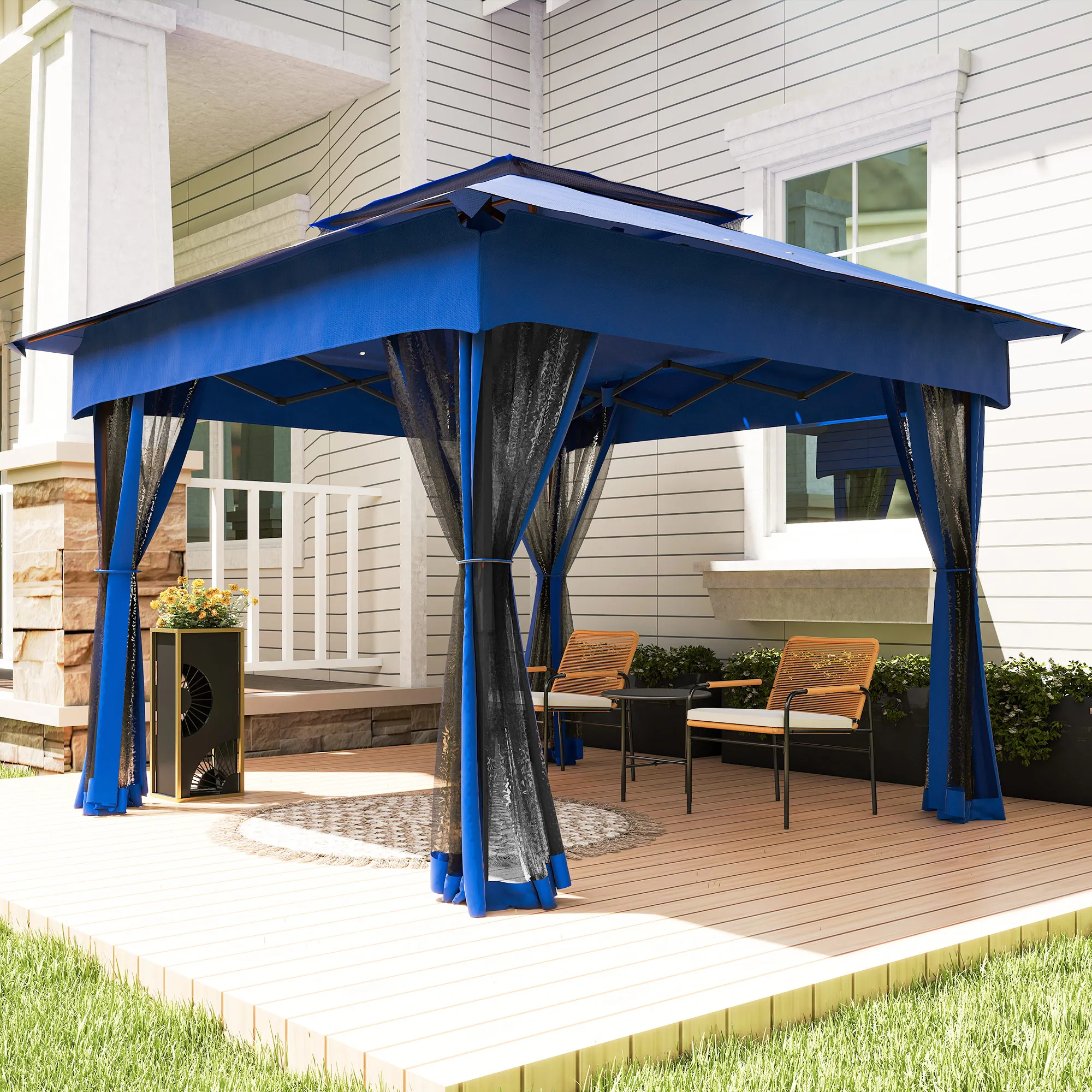 Outdoor Patio Pop Up Canopy Gazebo Shelter with Zipper Netting, Carry Bag, 11' x 11', Blue