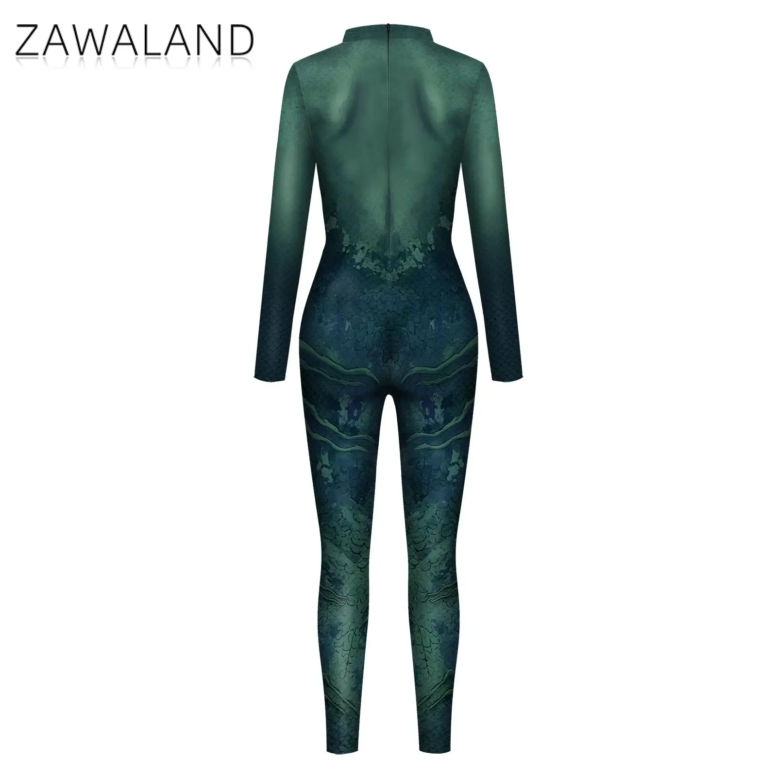 Zawaland Women Mermaid Costume Fish Scale Print Bodysuit Sexy Zentai Suit Fancy Holiday Party Catsuit Performance Show Outfit