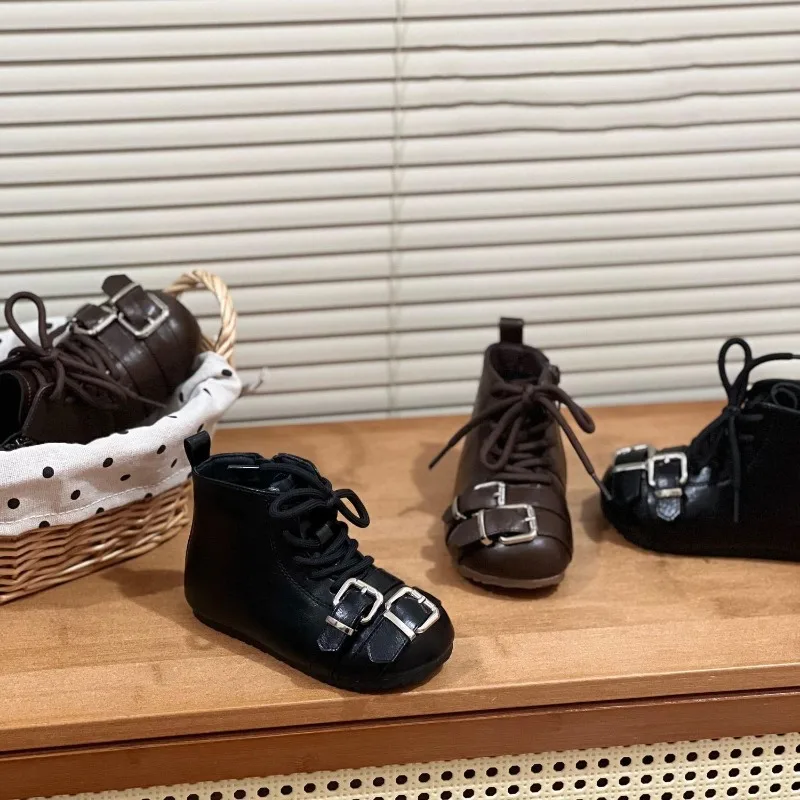 Kids Short Boots Korean Style Versatile Girls Leather Boots Round Toes Sweet 2026 Autumn Winter Children Casual Boots Non-slip
