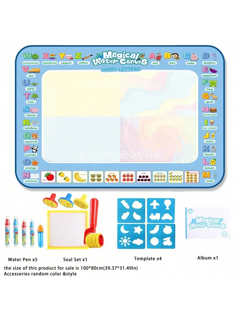 Tapete mágico doodle de água 100*80cm para crianças-tabuleiro de desenho impermeável reutilizável com canetas mágicas, brinquedo de arte educacional para crianças