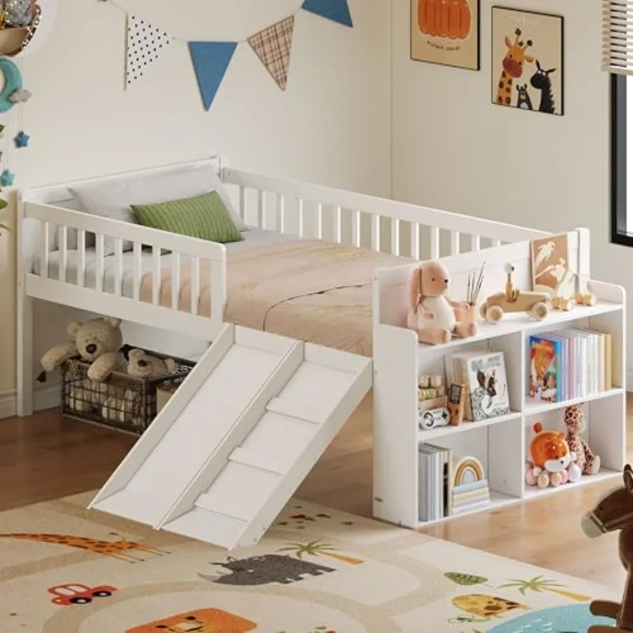 

Twin Size Montessori Bed Frame with Slide and Ladder, Wood Platform Bed with Side Storage Shelves and Guardrail, Under-Bed Stor