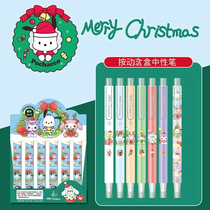 24 Pcs Sanrio Wow Christmas Gel Pen Cute Hello Kitty My Melody Gift Box 0.5mm Black Gel Pen School Office Stationery