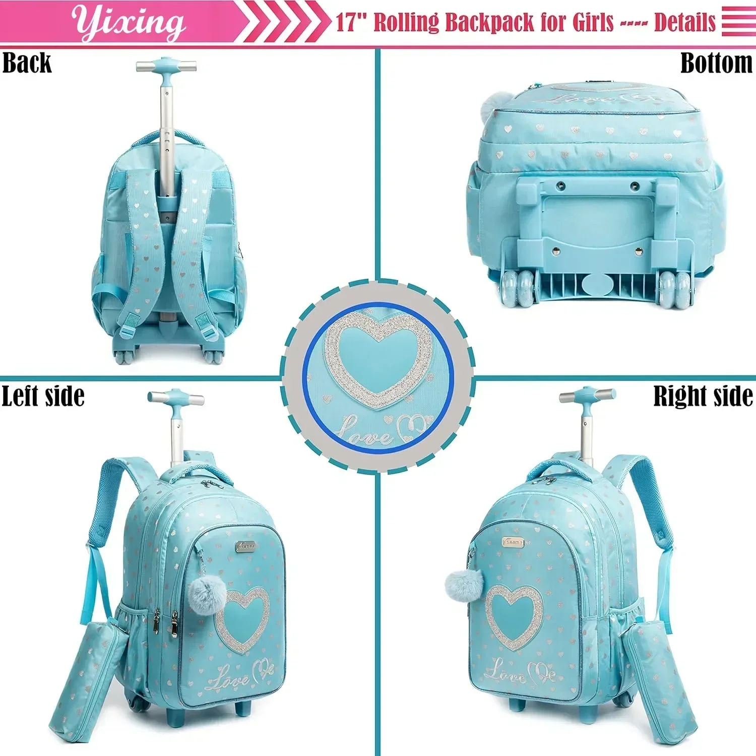 Kinder-Rucksack-Taschen-Set mit Rollen, mit Lunchbox, Rollrucksack, Tasche mit Rollen, Schultrolley-Rucksack-Tasche für Mädchen