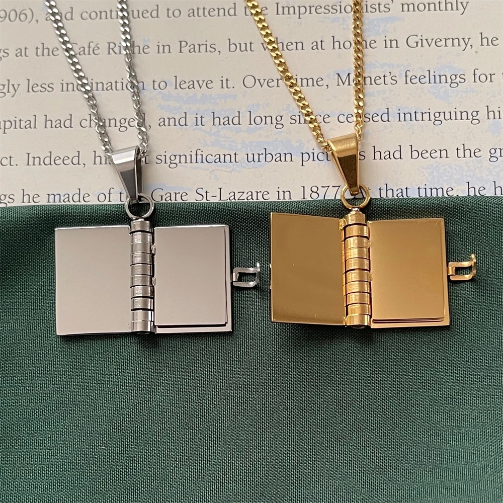 Vintage Open Book Pendant Necklace for Women Stainless Steel Handmade Multi Layer Book Booklover Necklace Librarian Gifts