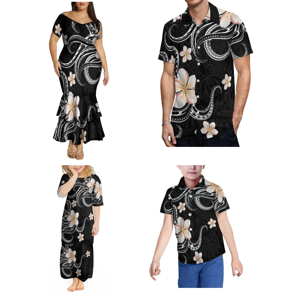 Robe de famille élégante avec une jupe en queue de poisson Double couche à col en V et une chemise hawaïenne pour garçon sur mesure