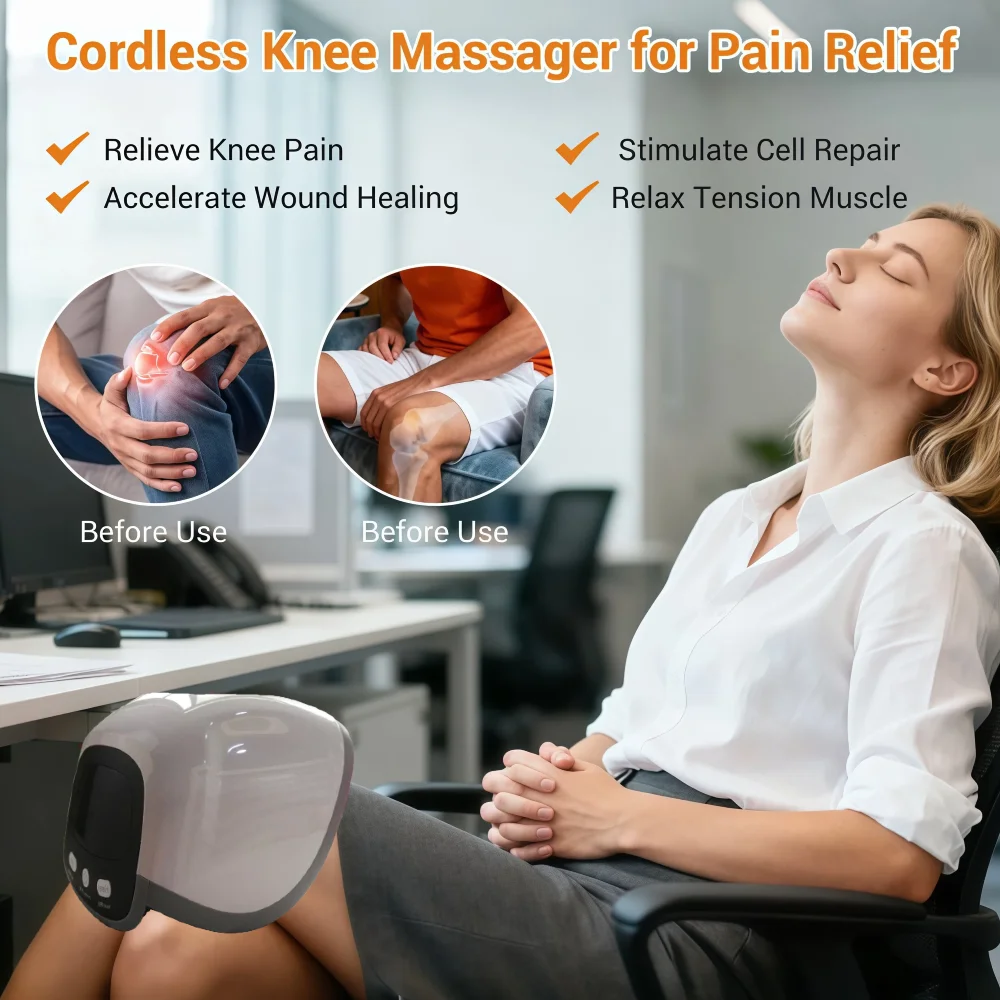 مدلك الركبة اللاسلكي 4 مستويات الأشعة تحت الحمراء الحرارة والاهتزاز الضوء الأحمر والعلاج بالتدليك مع شاشة LED هدايا للرجال والنساء