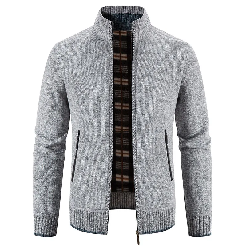 

Мужской осенне-зимний вязаный кардиган с начесом и воротником-стойкой, повседневная верхняя одежда, большие размеры, полиэстер