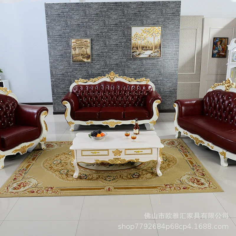 European Sofa Living Room Combination Set Furniture Size Apartment High-end Luxury Leather Solid Wood Four-person Sofa White
