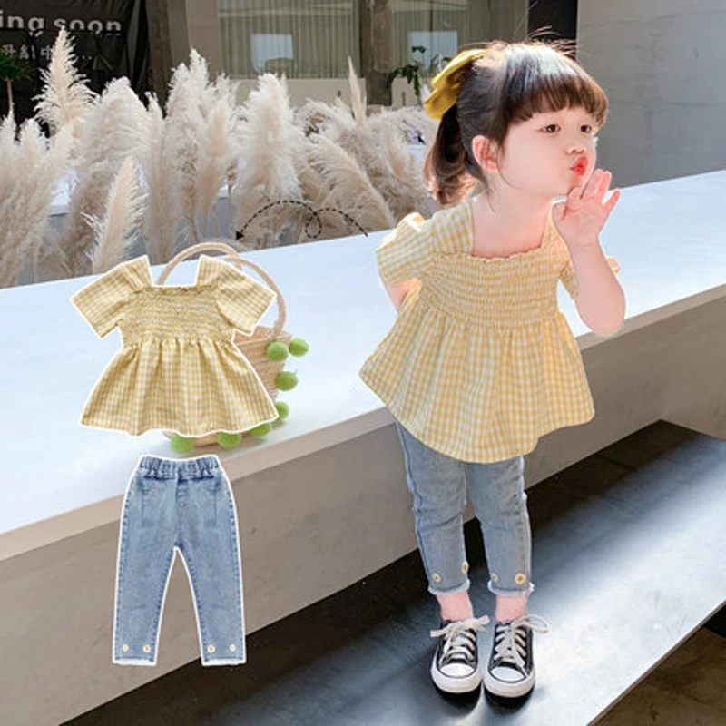 Summer Girls' Clothing Sets Cute Baby Elastic Plaid Shirt Top +Denim Nine-Point Jeans Pants Baby Kids Outfit Children Clothes