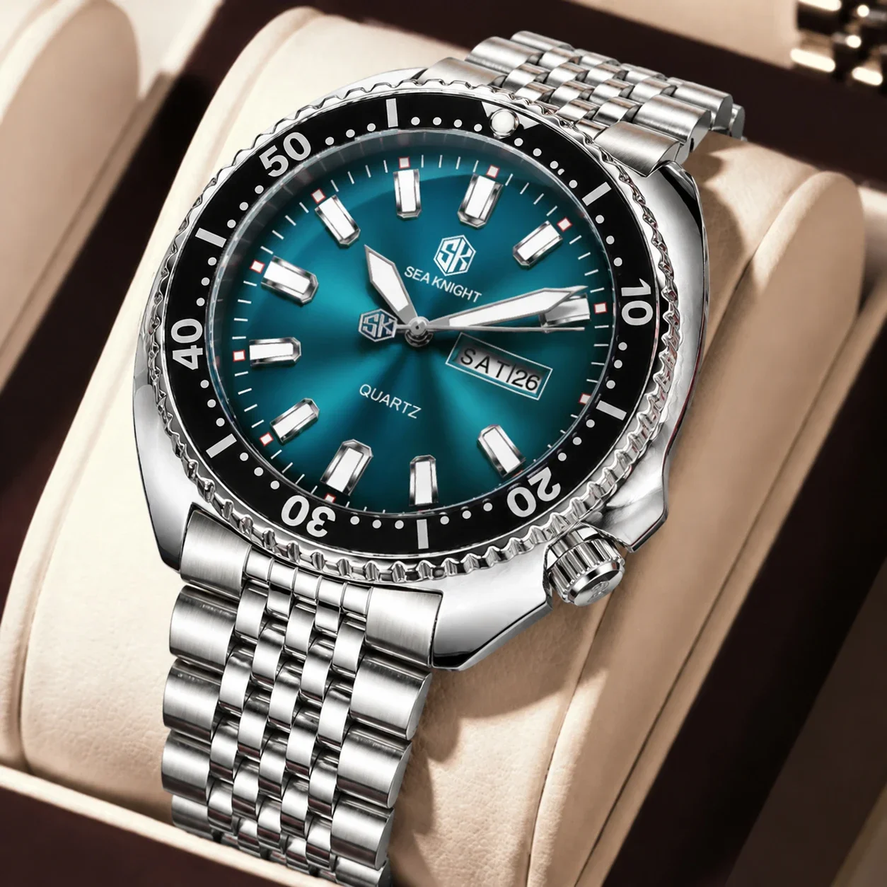 SEA KNIGHT Neue Luxus-Business-Quarzuhr für Herren, Design mit drehbarer Lünette, leuchtend, mit Datums- und Wochenanzeige, wasserdichte Herrenuhr.