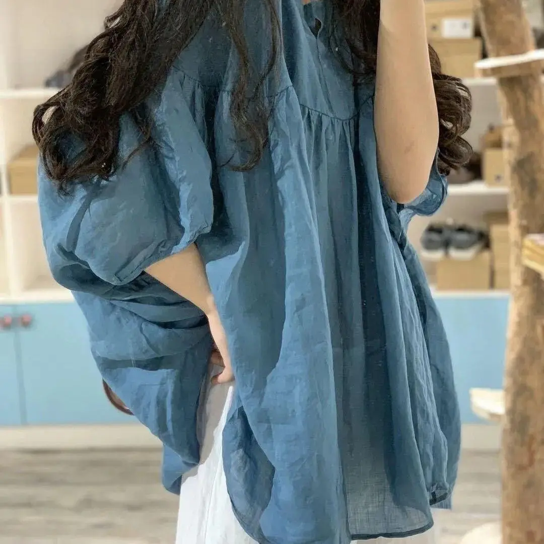 

Summer Loose Shirt Women Tops Cotton Linen Pleated Ladies Blouses Casual Fashion Woman Shirt Tops 2025