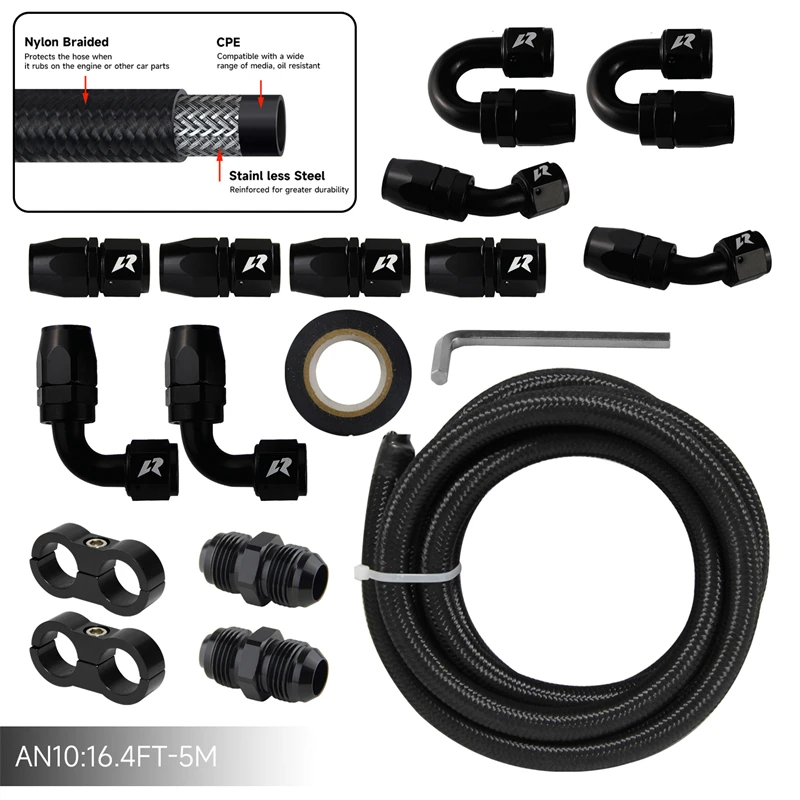16.4FT 5M AN10 نايلون/فولاذ ستانلس ستيل مضفر غاز/زيت/خط الوقود + AN10 طقم تركيب نهاية خرطوم عالمي أسود/فضي
