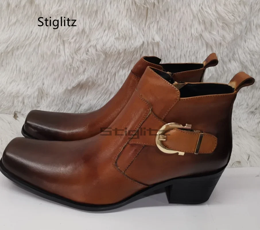

Metal Buckle Brown Square Toe Ankle Boots for Men Genuine Leather Zipper High Heels Wear-Resistant Dress Work Men's Shoes