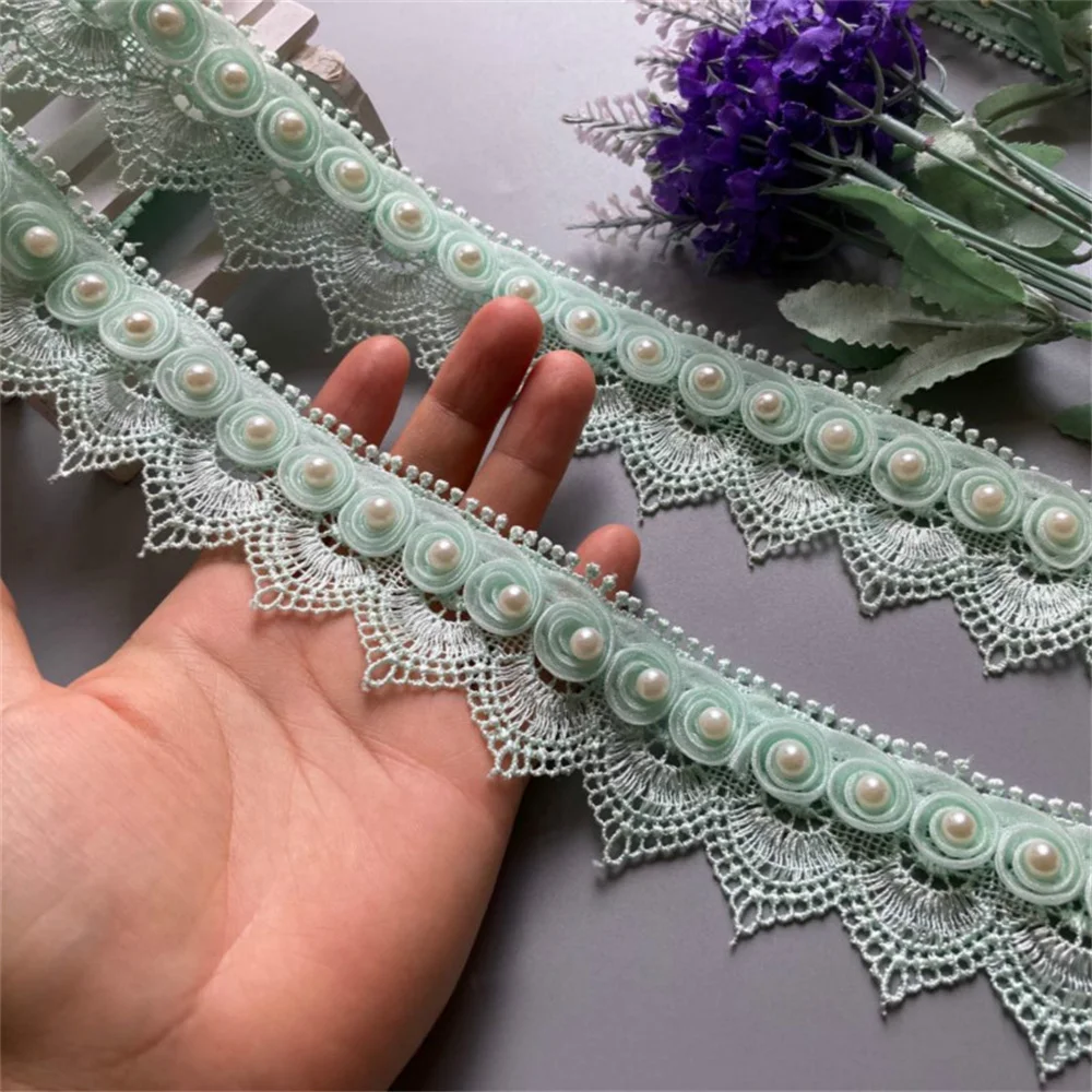 2 Yard Light Green Ribbon Plum Flowers Pearl Lace Trimmings Ribbons Beaded Lace Fabric Embroidered Sewing Wedding Dress Clothes