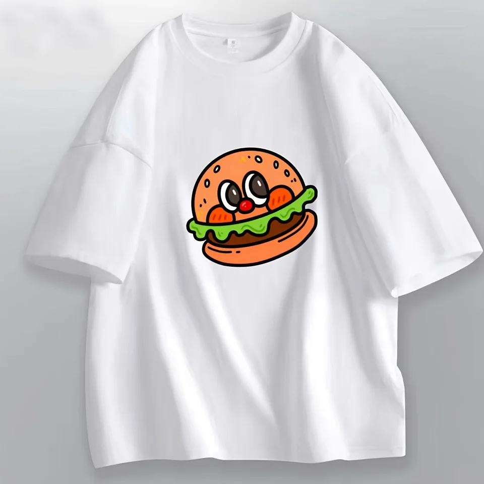 2026 New Arrival: Men's Short-Sleeve T-Shirt — 100% Cotton, Printed Hamburger Pattern, Loose Fit, Comfortable, and Trendy.