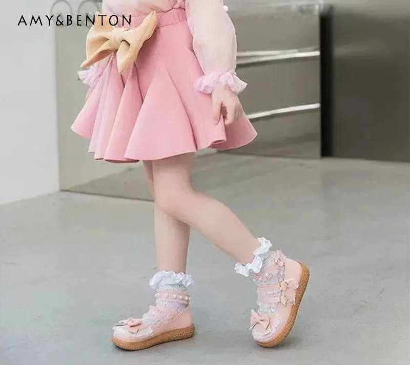 

2026 New Arrival Girls' Sweet Lolita Princess Shoes with Lace and Bow Details Kids' Anti-Slip Mary Jane Flats Perfect Daily Wear