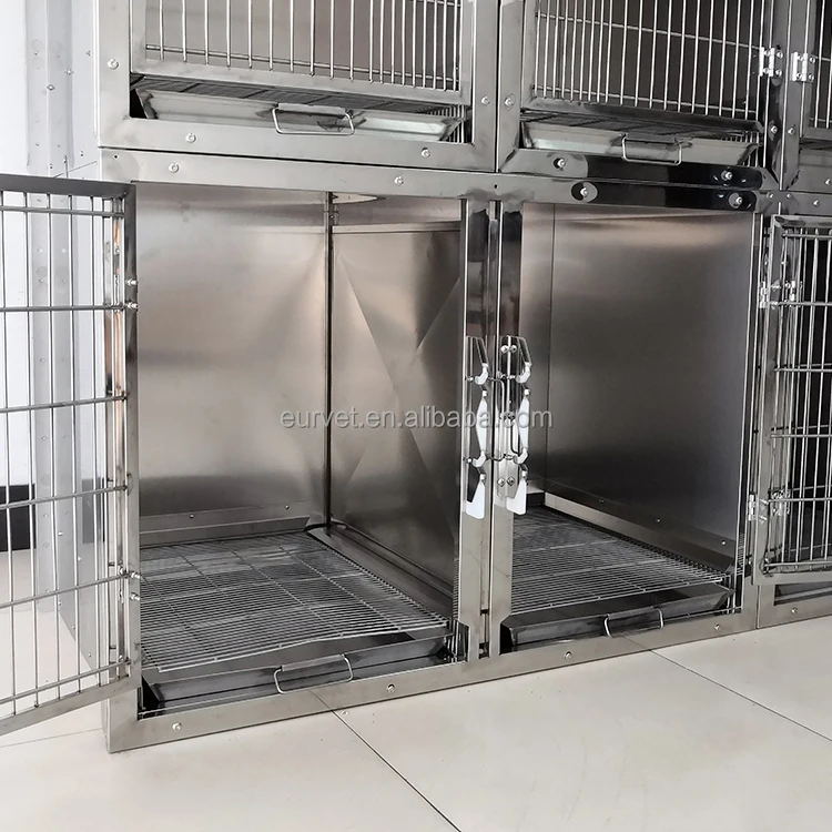 EUR VET 4 Doors Stainless Steel Cat Cage Silent Sliding Lock Acrylic Divider Anti-Vibration Quiet Wheels For Veterinary Clinic