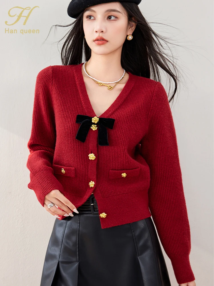 H Han Queen Autumn Thick Women\'s Clothes Korean Fashion Simple Basic Bow Coat Sweater Female Clothing Long Sleeve Tops Cardigans