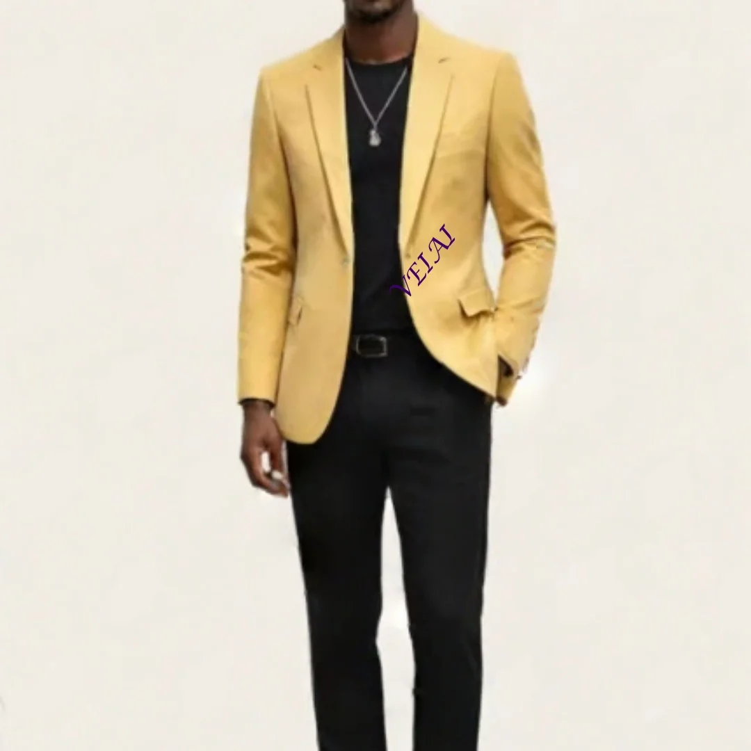 CustomizedYellow Men's Suit and Separates Peaked Lapel One Button Formal Blazer Back Vent Prom Slim Fit Tuxedo Business Jacket C