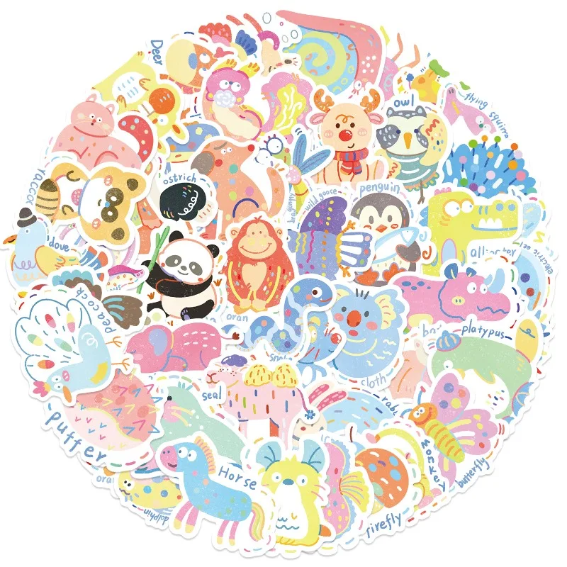 50pcs/set INS Cartoon Anime Animal Scrapbook Sticker Sweet Painted Journaling Sticker Kawaii DIY Decor Luggage Phone Case Decal