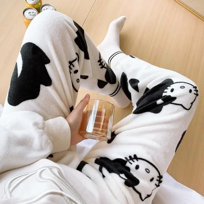 Pajama Pants for Women In Autumn Winter Cartoon Hello Kitty Flannel New Thickened Warm Casual Home Comfortable Straight Pants