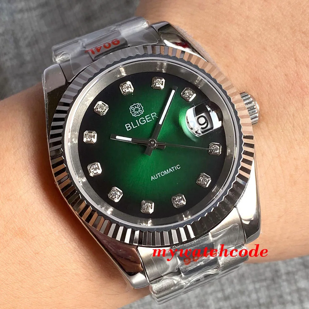 BLIGER-Reloj de pulsera automático para hombre, pulsera con bisel estriado Multicolor, esfera de diamante, cristal de zafiro, corona de tornillo de fecha, 36mm/39mm, NH35A