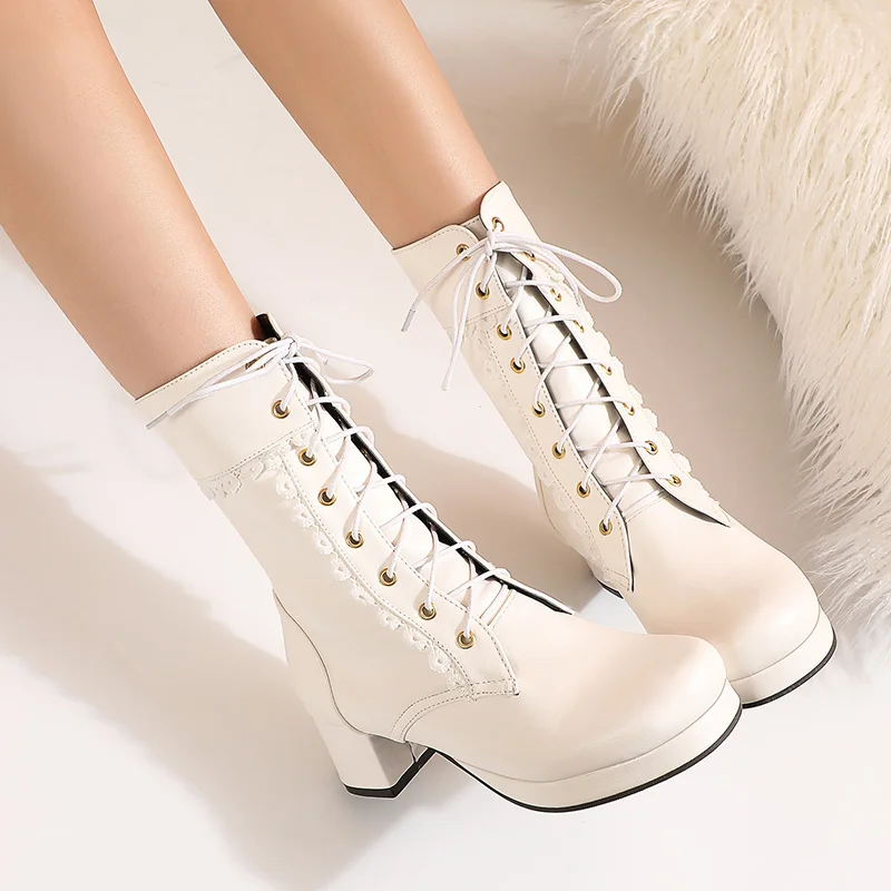 2023Girls Sexy Lolita Mid Calf Boots Women Motorcycle Shoes Autumn Winter Stylish Lady Lace Platforms Leather Shoes Party Botas