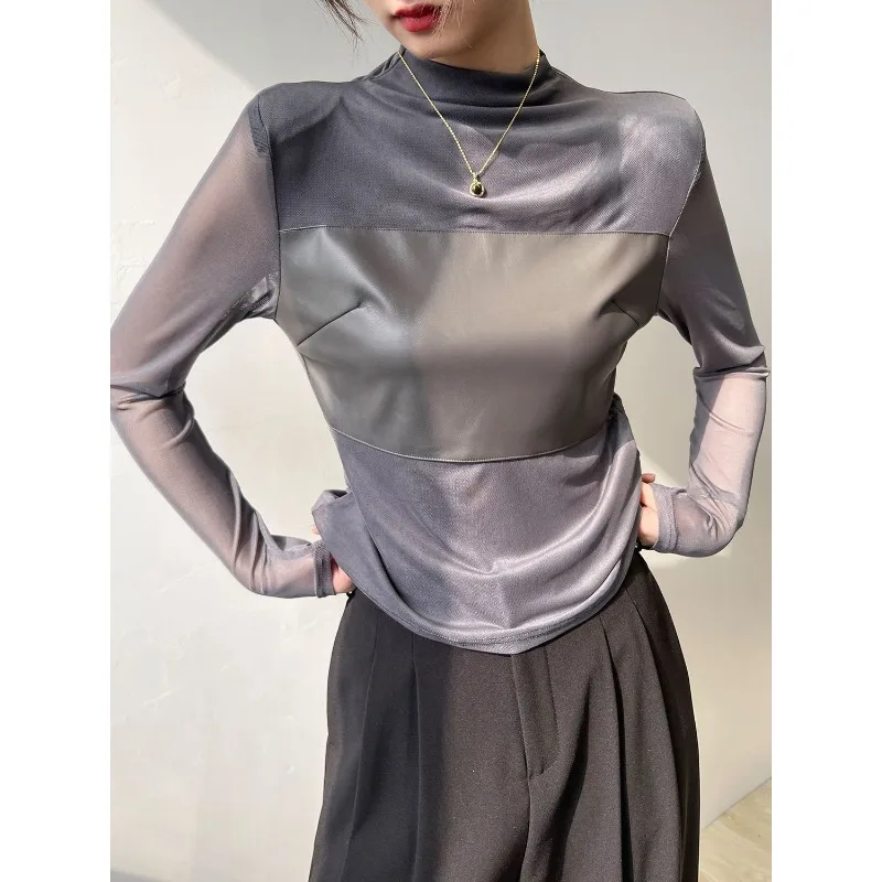 Half Turtleneck Long-sleeved T-shirt For Women New Spring Autumn Mesh Inner Layering Shirt Slimming Top
