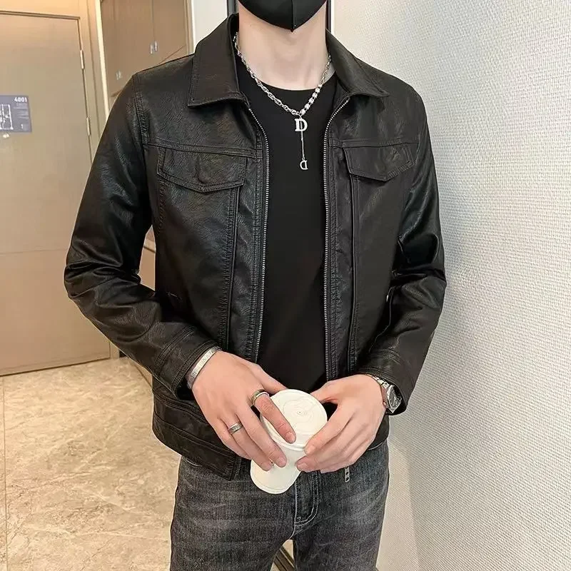 Short Spring Autumn Man Suits and Blazers Cropped Leather Jacket for Men Simple Breasted Gentleman Trendy 2024 Original Coats