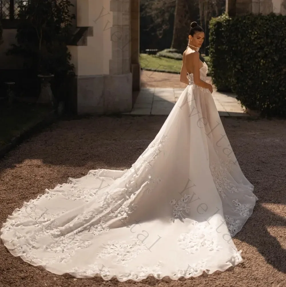 Customized Graceful Temperament  V-neck Wedding Dresses Off-the-shoulder Organza Decal A Line Tailing Romantic Beach Bridal Gown