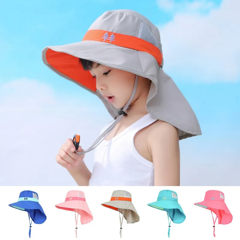 Summer Kids Sun Caps Children Bucket Cap For Girls Boys Outdoor Neck Ear Cover Kids Beach Caps Outdoor Protection Hats 4-8 Years