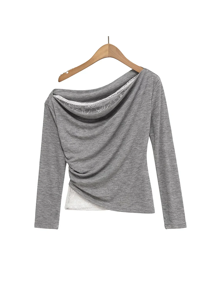 

European style new women's fashion versatile temperament pleated splicing lace one shoulder long-sleeved T-shirt