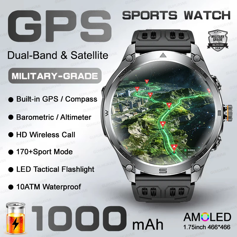 

TANK New 1000mAh Battery Smart Watch Built-in GPS 10ATM Waterproof Flashlight Sport Run Hiking Outdoors Compass Military Watches