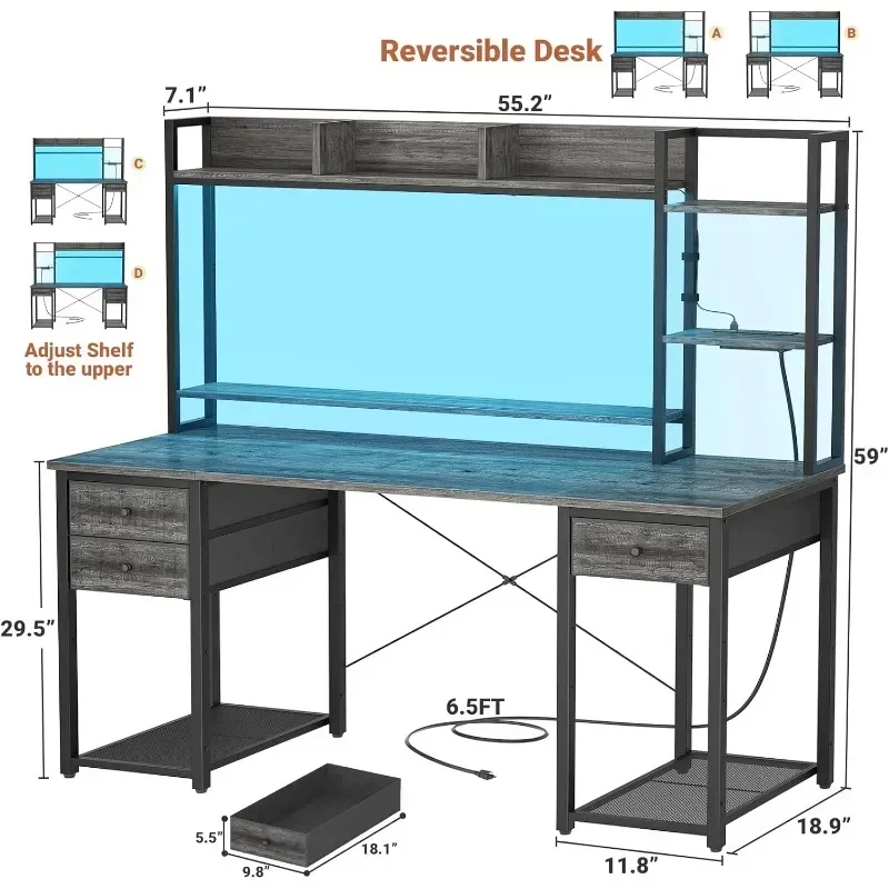 Desk with LED and Sockets, Gaming Table with Drawers, Computer Table with Drawers, Large Reversible Workstation Desk