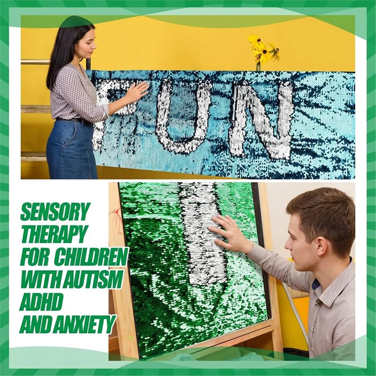 3 Pcs Sensory Wall Sequin, Reversible Sequin Fabric with Dual-Color Flip, Interactive Tactile Decor for Bedroom