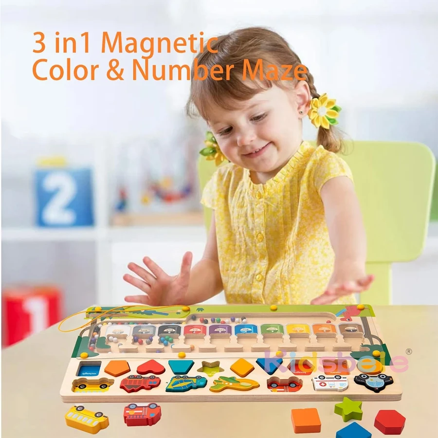 3 in 1 Montessori Toys For Kids Magnetic Educational Color & Number Maze Shape & Vehicle Wooden Puzzle Sorting Toys For Toddlers