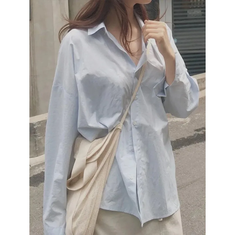 

Womens Light Blue Oversized Long Sleeve Button Down Shirt Casual Loose Fit Blouse
