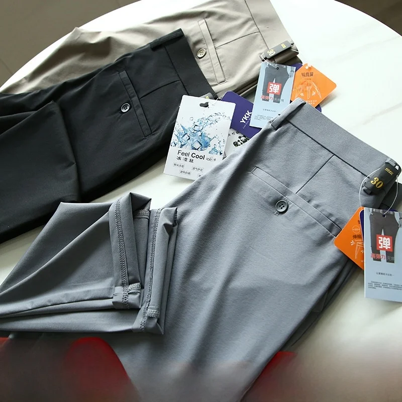 Ice Silk Fabric Men's Comfortable Elastic Casual Pants Breathable Fashionable Urban Style Long Trousers Summer New Arrival