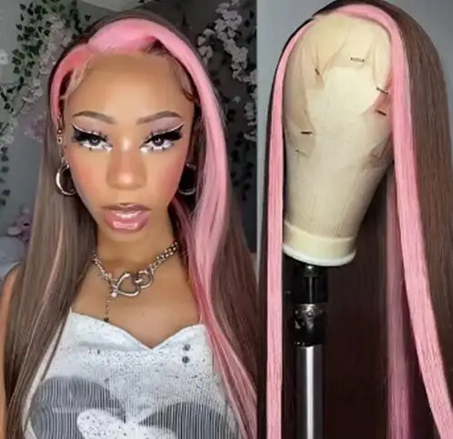 Highlights Pink Wig Synthetic Lace Front Wigs For Women Pink Highlights Wigs Brown Long Silky Straight Lace Hair Cosplay Party