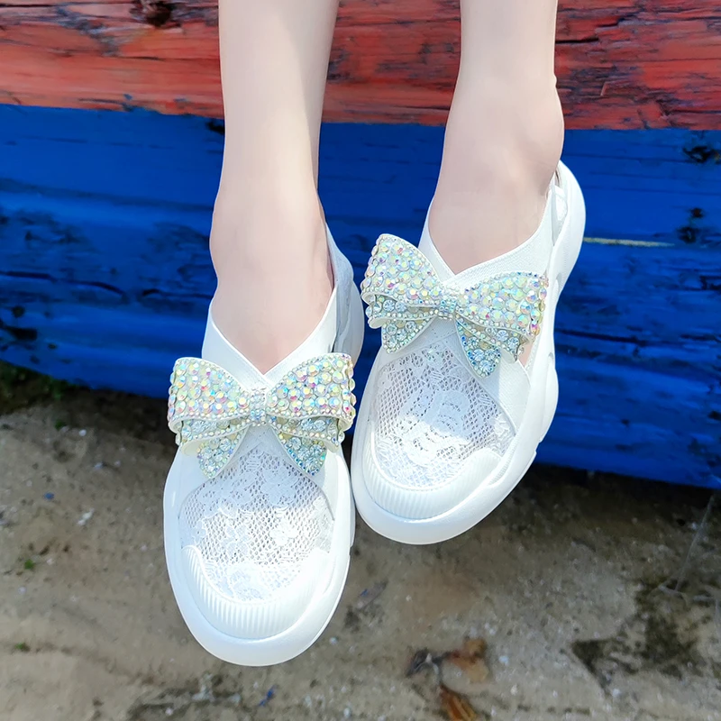 

Luxury Bow Rhinestones Women White Sneakers Platform Breathable Lace Chunky Sandals Ladies Comfort Sport Casual Summer Shoes