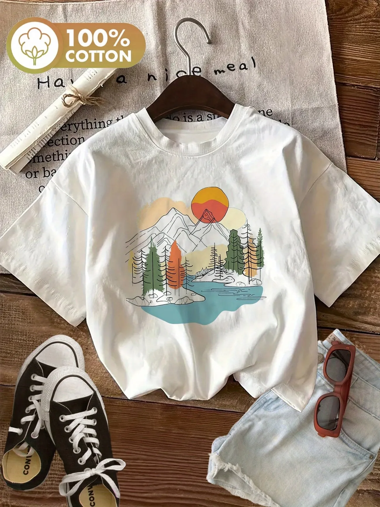 Graphic 100% Cotton Women's T-Shirt Mountain Landscape Graphic Tee with Forest Harajuku Casual Everyday Shirt Woman Girls Tee