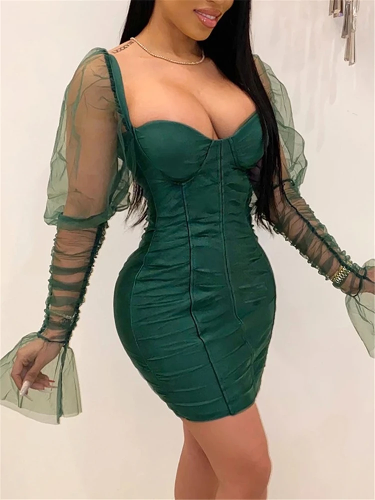 Articat Sexy Mesh Puff Sleeve Party Dress Women Low Collar Backless Patchwork Red Mini Dress Nightclub 2020 Spring Vestidos image 2