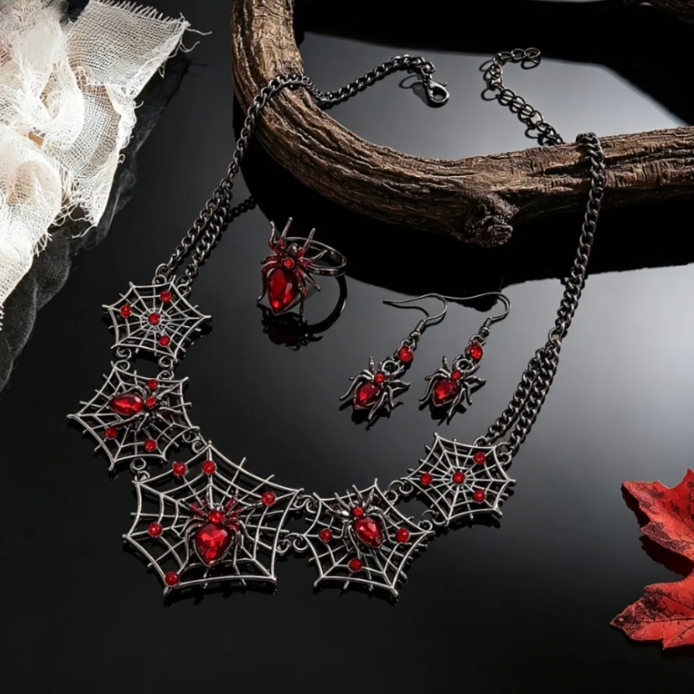 3pcs Zinc Alloy Black Spider Necklace Earrings Ring Set with Inlaid Glass Gothic Style Halloween Pendant Earrings Retro Vintage