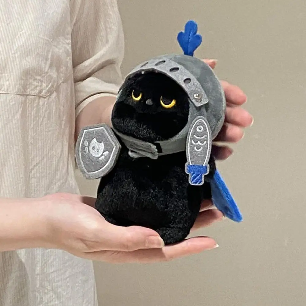 Lovely Shield Knight Cat Plush Doll Children Accompanying Doll Detachable Cute Cat Plush Toy Funny Soft Black Cat Stuff Toy Gift