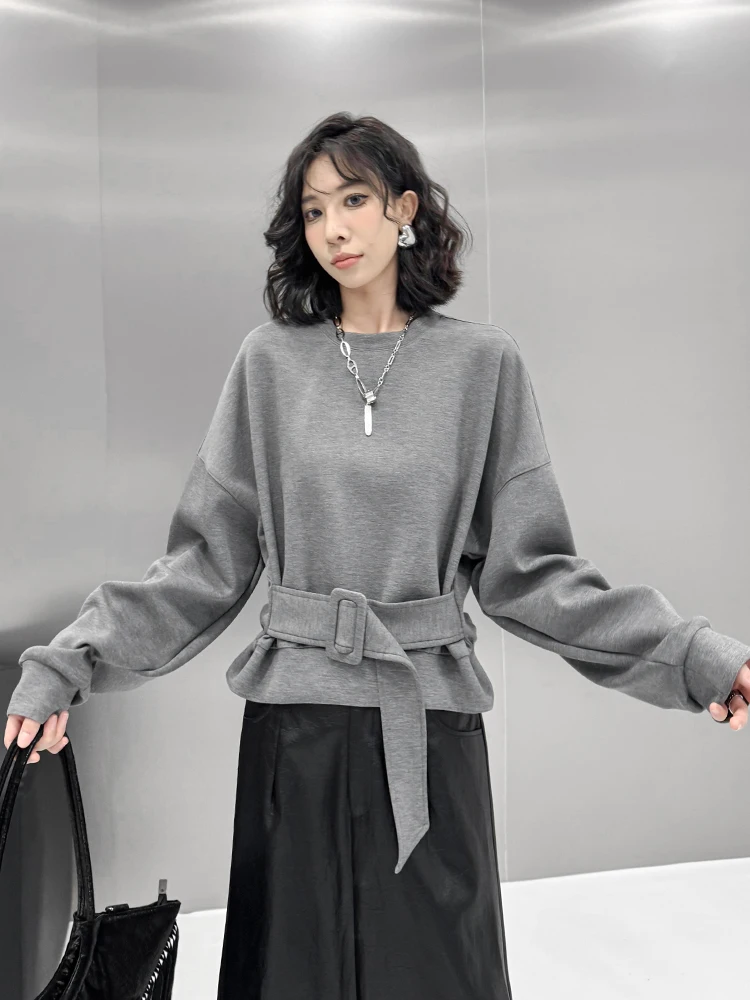 

Модный женский свитшот с длинными рукавами в стиле «летучая мышь» из Гонконга, свободного кроя, с поясом, цветной, весенняя новинка