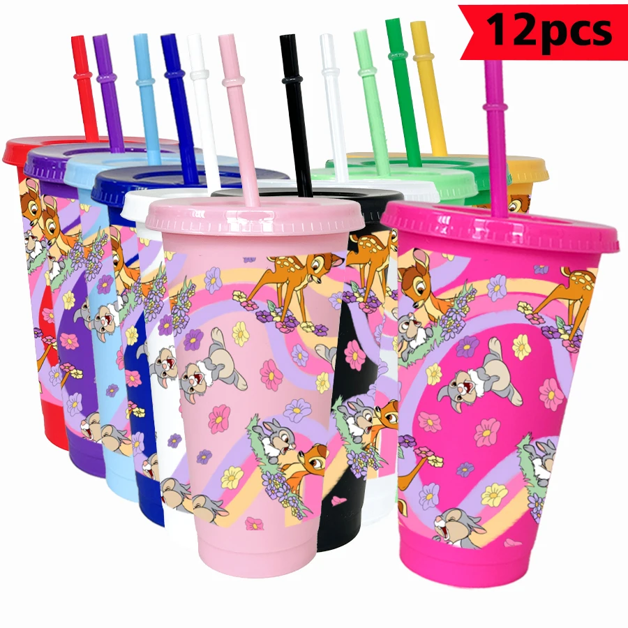 

12Pcs/pack disney deer flowers 26oz colorful plastic tumbler birthday party drinking utensils juice coffee cup