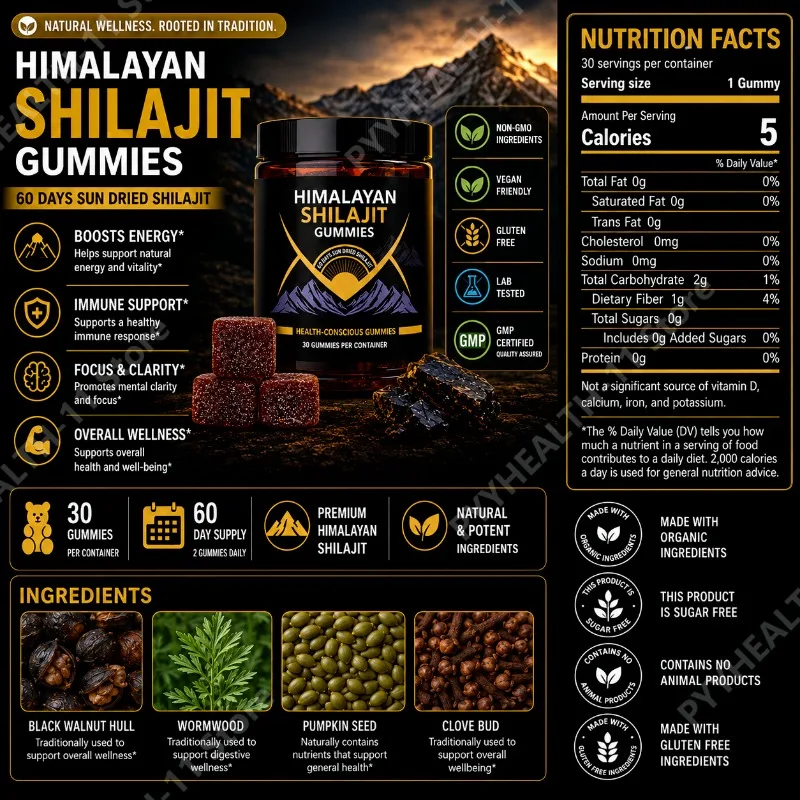 Himalayan Shilajit Gummies Energy Support Vegan Non-GMO Gluten Free Sun Dried Shilajit for Men Women 30 Gummies